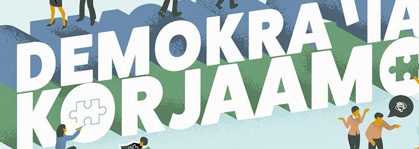 demokratiakorjaamo-teksti jonka äärellä ihmiset yhdistävät palapelin paloja.