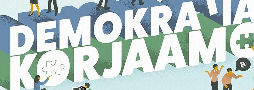 demokratiakorjaamo-teksti jonka äärellä ihmiset yhdistävät palapelin paloja.