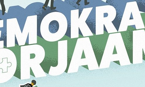 demokratiakorjaamo-teksti jonka äärellä ihmiset yhdistävät palapelin paloja.